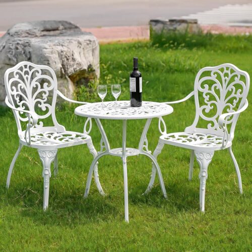 PATIO-IN Outdoor Bistro Table and Chairs Set of 2, White Metal Patio Bistro Set, Cast Aluminum Bistro Set 3 Piece Outdoor with Umbrella Hole, 3 Piece Outdoor Bistro Set for Balcony Garden Porch