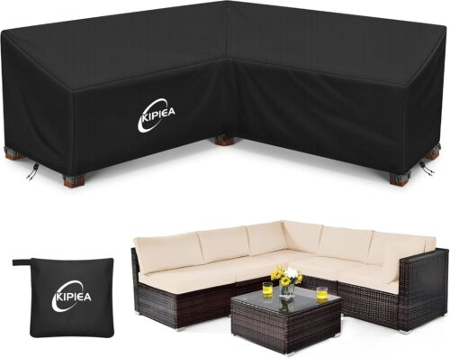Kipiea Patio V-Shaped Sectional Sofa Cover, 420D Heavy-Duty Oxford Fabric Outdoor Sectional Cover with 6 Windproof Buckles, Anti UV and No Tears, No Fading (85"/85" L x 33.5" D x 31" H) Black
