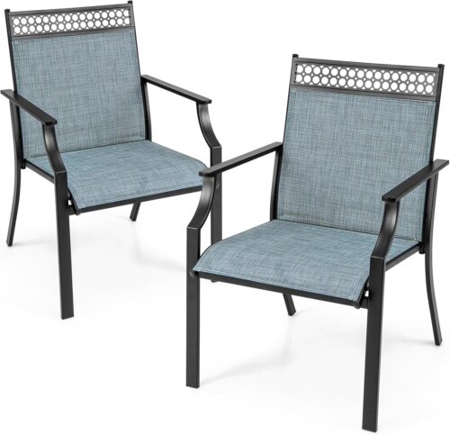 Giantex Patio Chairs Set of 2, Outdoor Chairs with All Weather Fabric, High Backrest, Armrests, Heavy Duty Metal Armchair, Outside Dining Chairs for Porch Lawn Garden Yard Pool (Blue & Black)