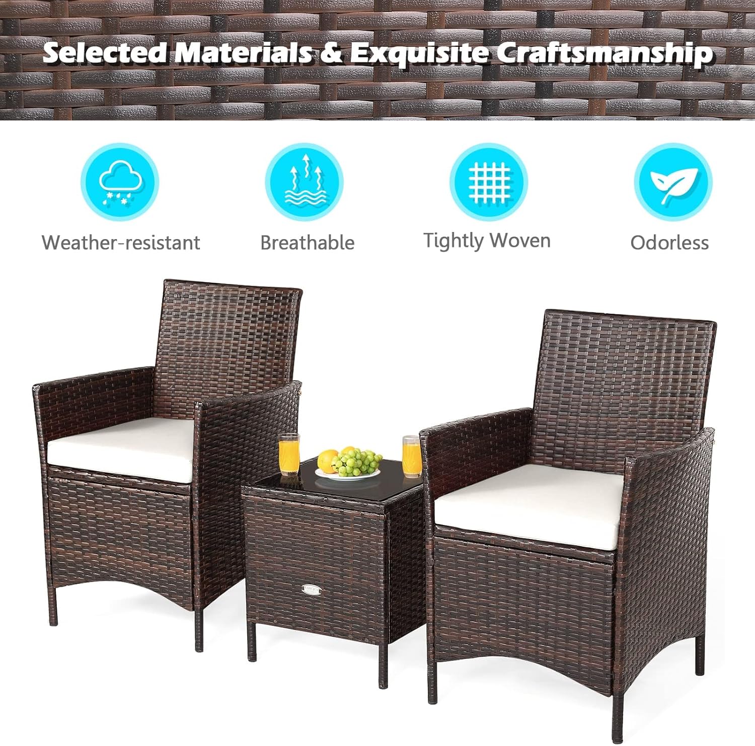 HAPPYGRILL 3 Pieces Rattan Patio Bistro Set, PE Wicker Furniture Set Outdoor Conversation Set with Coffee Table & Soft Cushions Porch Furniture Set for Garden Lawn Poolside Backyard - Image 6
