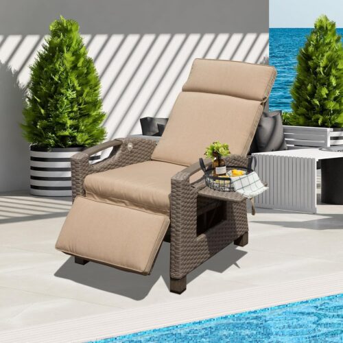 Domi Outdoor Recliner Chair, Patio Recliner with Hand-Woven Wicker, Flip Table Push Back, Adjustable Angle, Thickness Cushions, Reclining Lounge Chair for Indoor & Outdoor Use, Beige