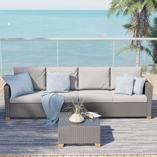Grand patio Outdoor Conversation Sets with Glass Coffee Table, 4 Seats Wicker Patio Furniture Sets, Modular Sofa Sets with Olefin Cushions for Backyard Garden Poolside Patio, Light Gray