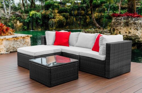 Nestl Outdoor Sectional Patio Furniture Set u2013 5 Piece Outdoor Patio Furniture Set with Outdoor Couch and Sectional Seating - Black with Off White Cushions, Standard