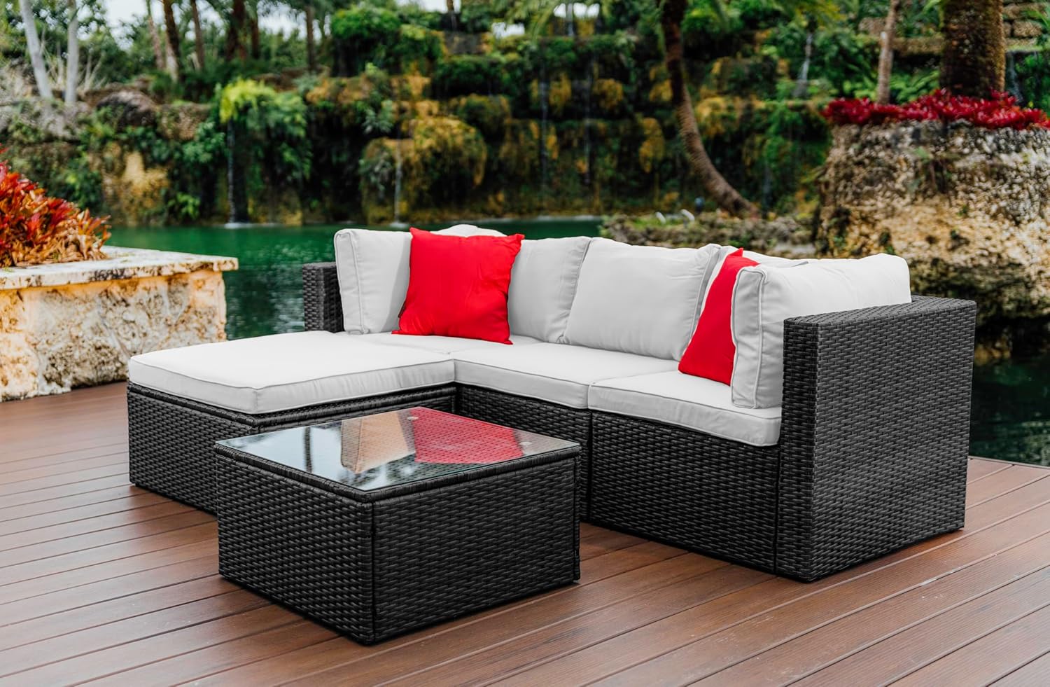 Nestl Outdoor Sectional Patio Furniture Set u2013 5 Piece Outdoor Patio Furniture Set with Outdoor Couch and Sectional Seating - Black with Off White Cushions, Standard