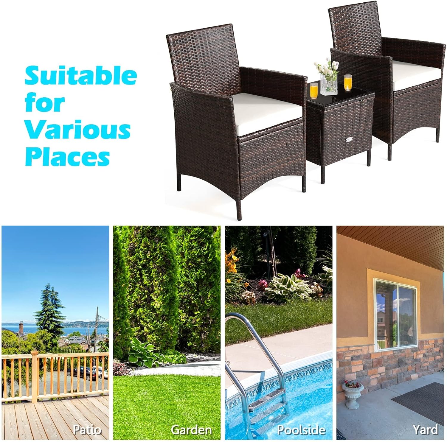 HAPPYGRILL 3 Pieces Rattan Patio Bistro Set, PE Wicker Furniture Set Outdoor Conversation Set with Coffee Table & Soft Cushions Porch Furniture Set for Garden Lawn Poolside Backyard - Image 7