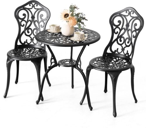 NUU GARDEN 3 Pieces Patio Bistro Set, Outdoor Bistro Set with 2 Chairs, Round Table with Umbrella Hole, All-Weather Outdoor Patio Bistro Set for Garden, Lawn, Poolside, Porch, Black
