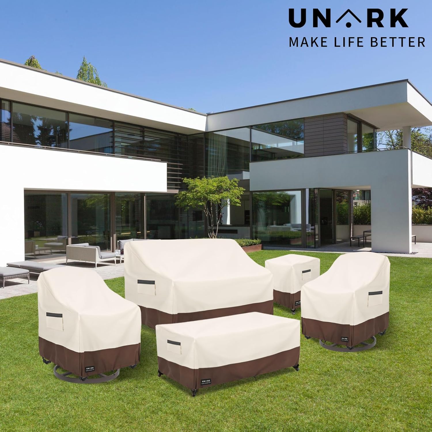 UNARK Outdoor 3-Seater Sofa Cover, Heavy Duty Patio Furniture Covers Waterproof, 76W x 33D x 32H Inches Patio Couch Cover Waterproof Couch Covers for Outdoor Furniture, Beige and Brown - Image 5