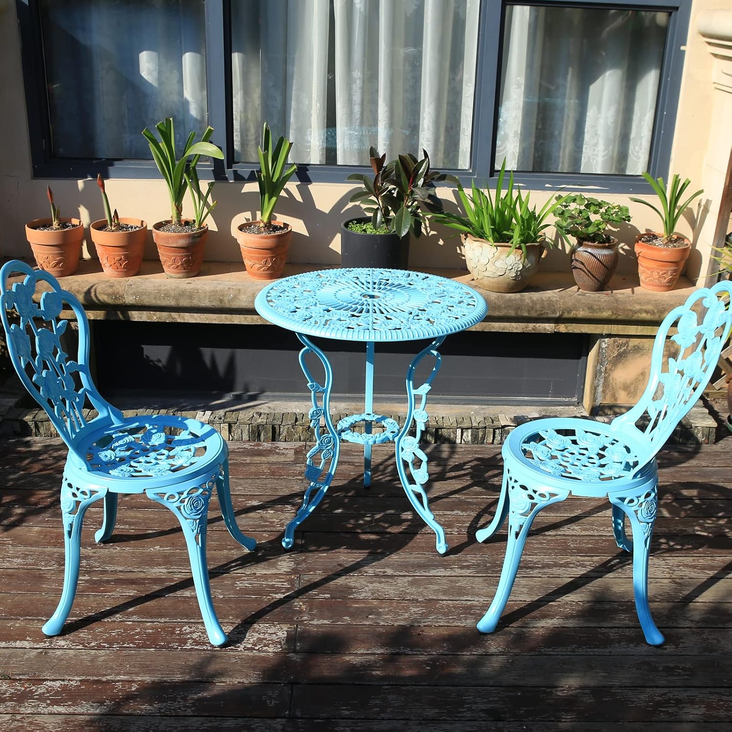 KAILI Outdoor Furniture Bistro Set with Rose Pattern 1 Table 2 Chairs for Garden Patio Porch (Rose-Light Blue) - Image 3