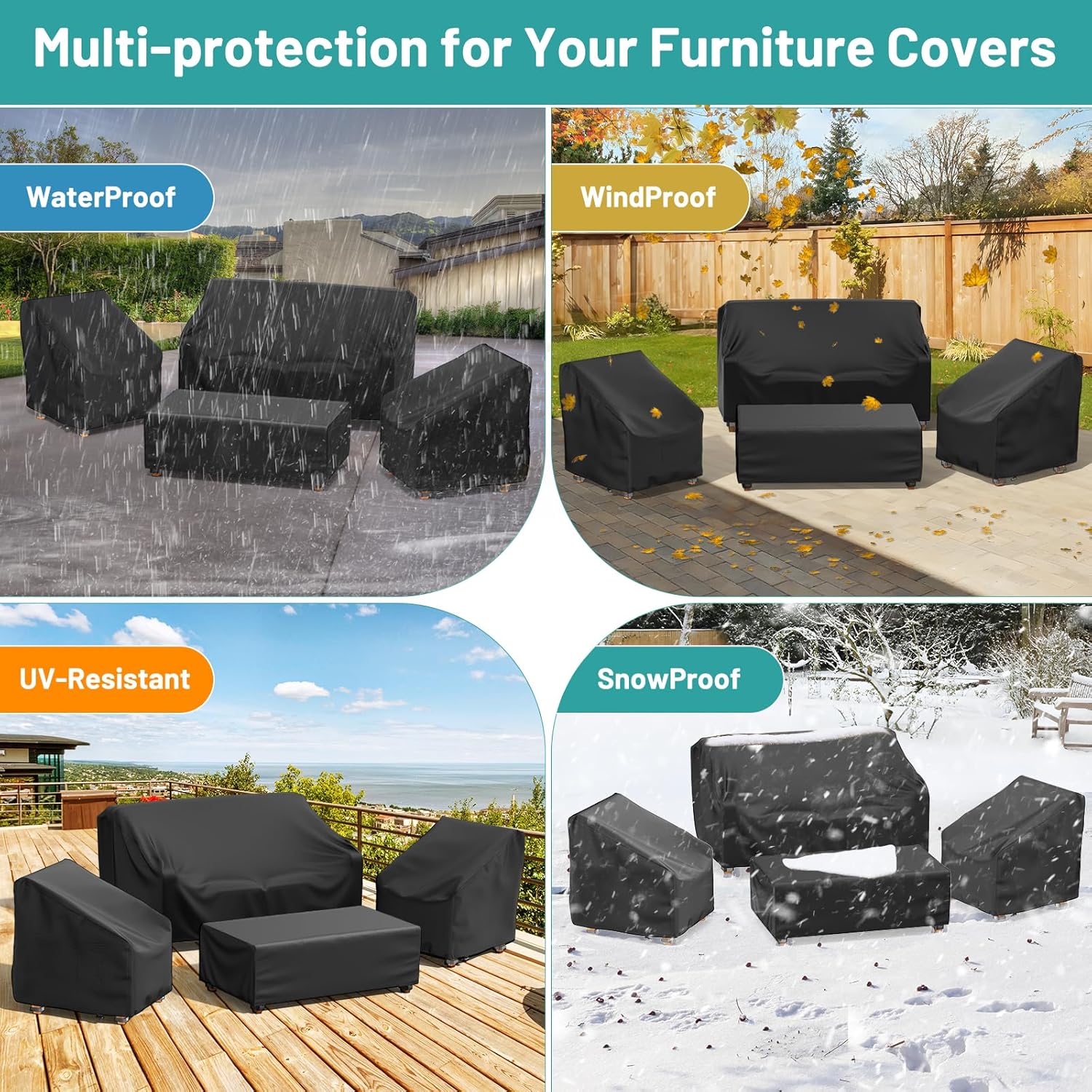 Mrrihand Patio Furniture Covers, 4 Piece Outdoor Furniture Cover Waterproof includ Ourdoor Sofa Cover, 2 Chair Covers, Coffee Table Cover with Windproof Buckle Strap and Adjustable Drawstring-Black - Image 6