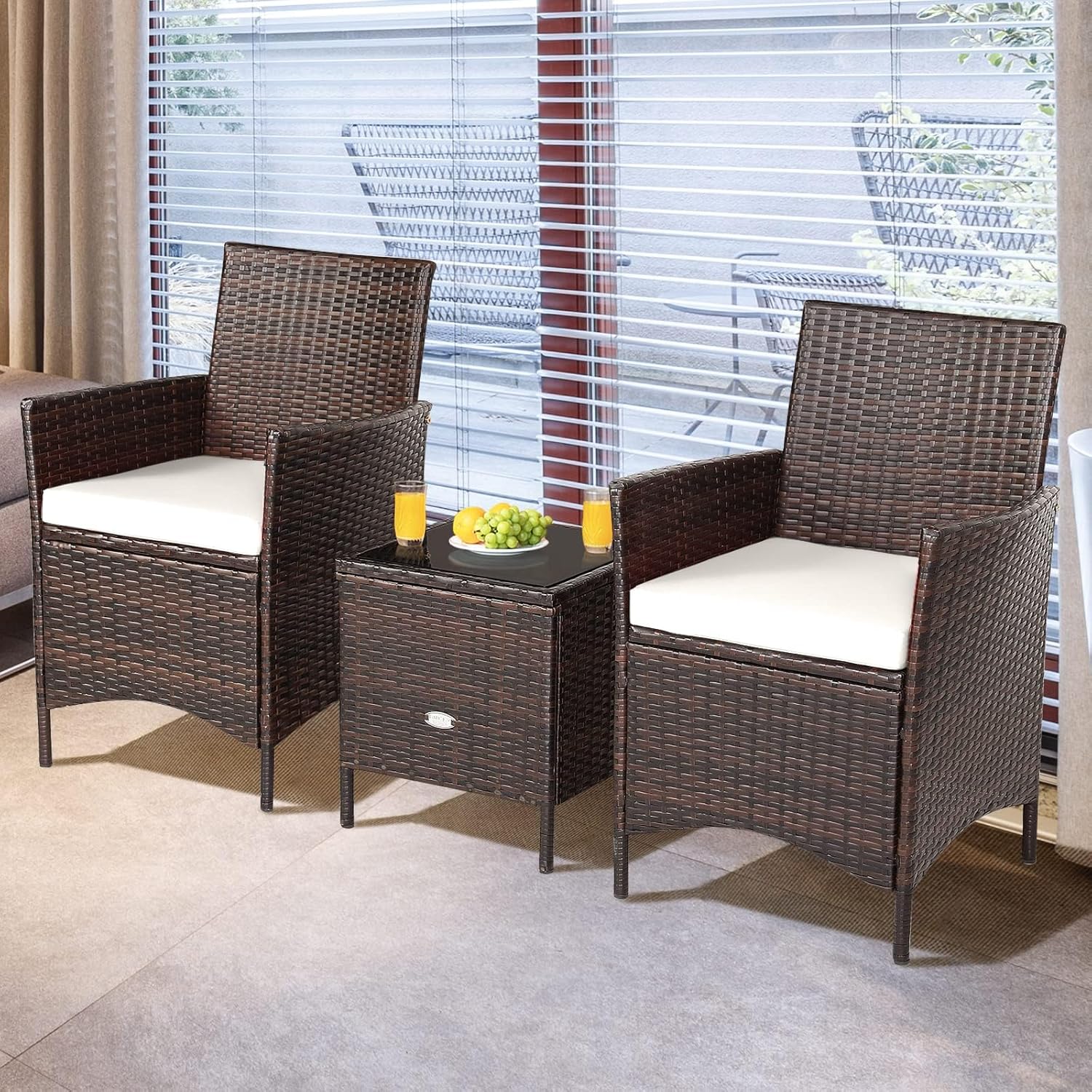 HAPPYGRILL 3 Pieces Rattan Patio Bistro Set, PE Wicker Furniture Set Outdoor Conversation Set with Coffee Table & Soft Cushions Porch Furniture Set for Garden Lawn Poolside Backyard - Image 5