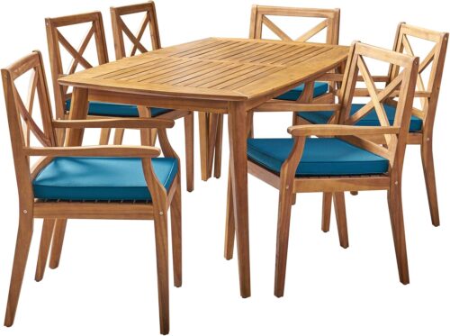 Christopher Knight Home Harvey Outdoor 7 Piece Acacia Wood Dining Set, Teak Finish/Blue