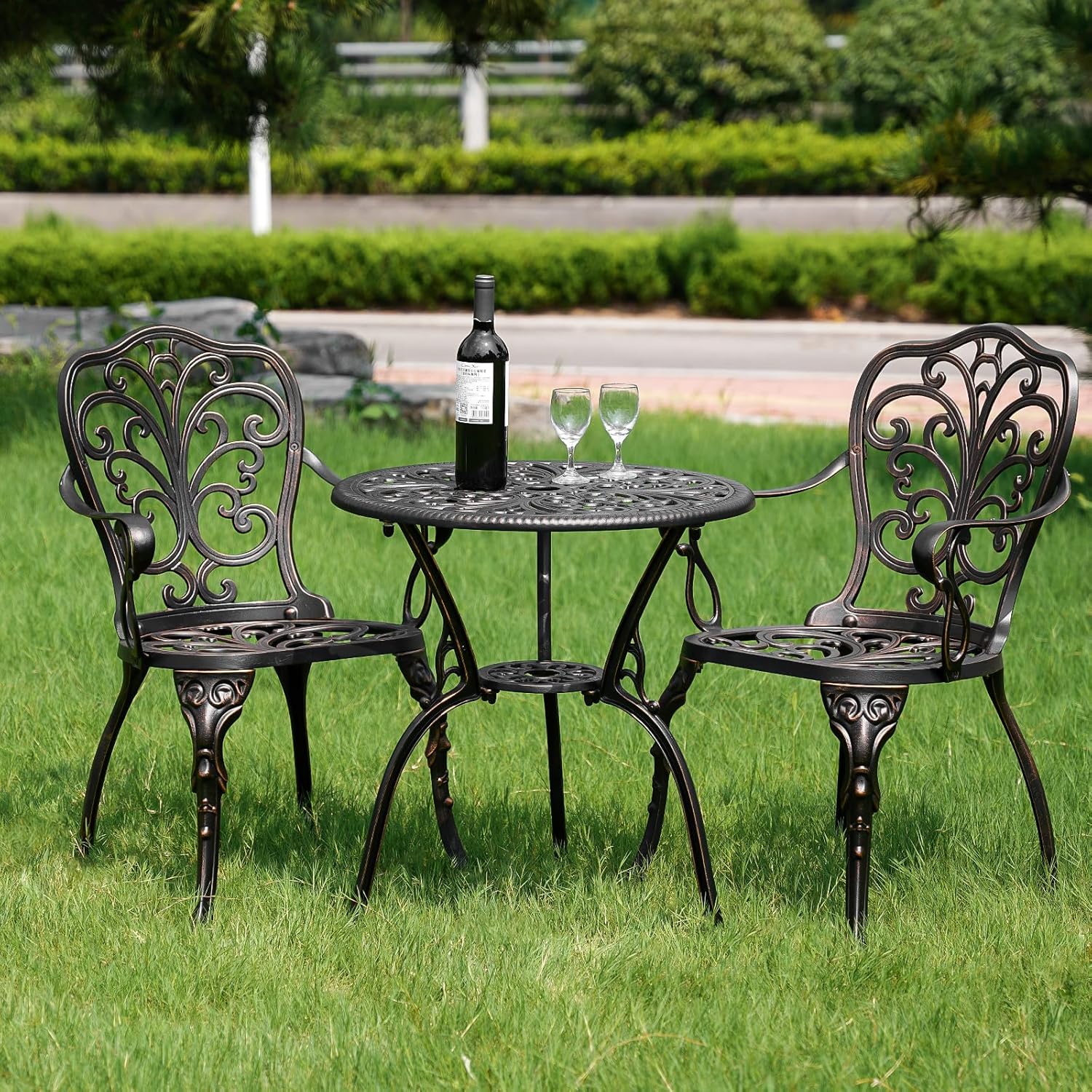 PATIO-IN Patio Bistro Set 3 Piece Cast Aluminum Bistro Set, Outdoor Bistro Table and Chairs Set of 2 with Umbrella Hole for Porch, Lawn, Garden, Backyard, Pool (Brown) - Image 9
