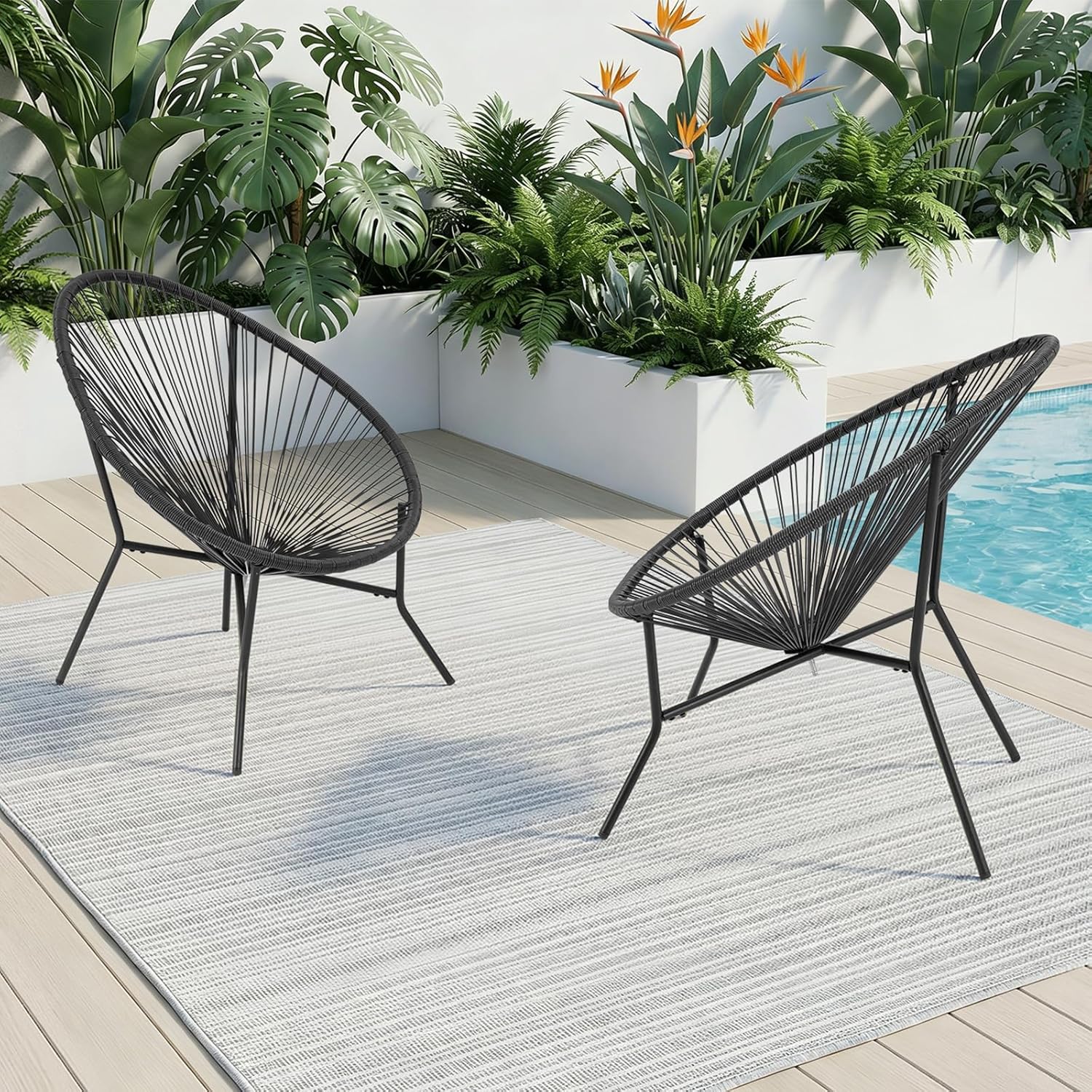 2 Piece Outdoor Acapulco Chair Set, Outdoor Patio Furniture Set, All-Weather Patio Bistro Set, Outdoor Furniture with Woven PE Rattan, Modern Conversation Set for Patio, Lawn, Balcony, Garden, Black - Image 2
