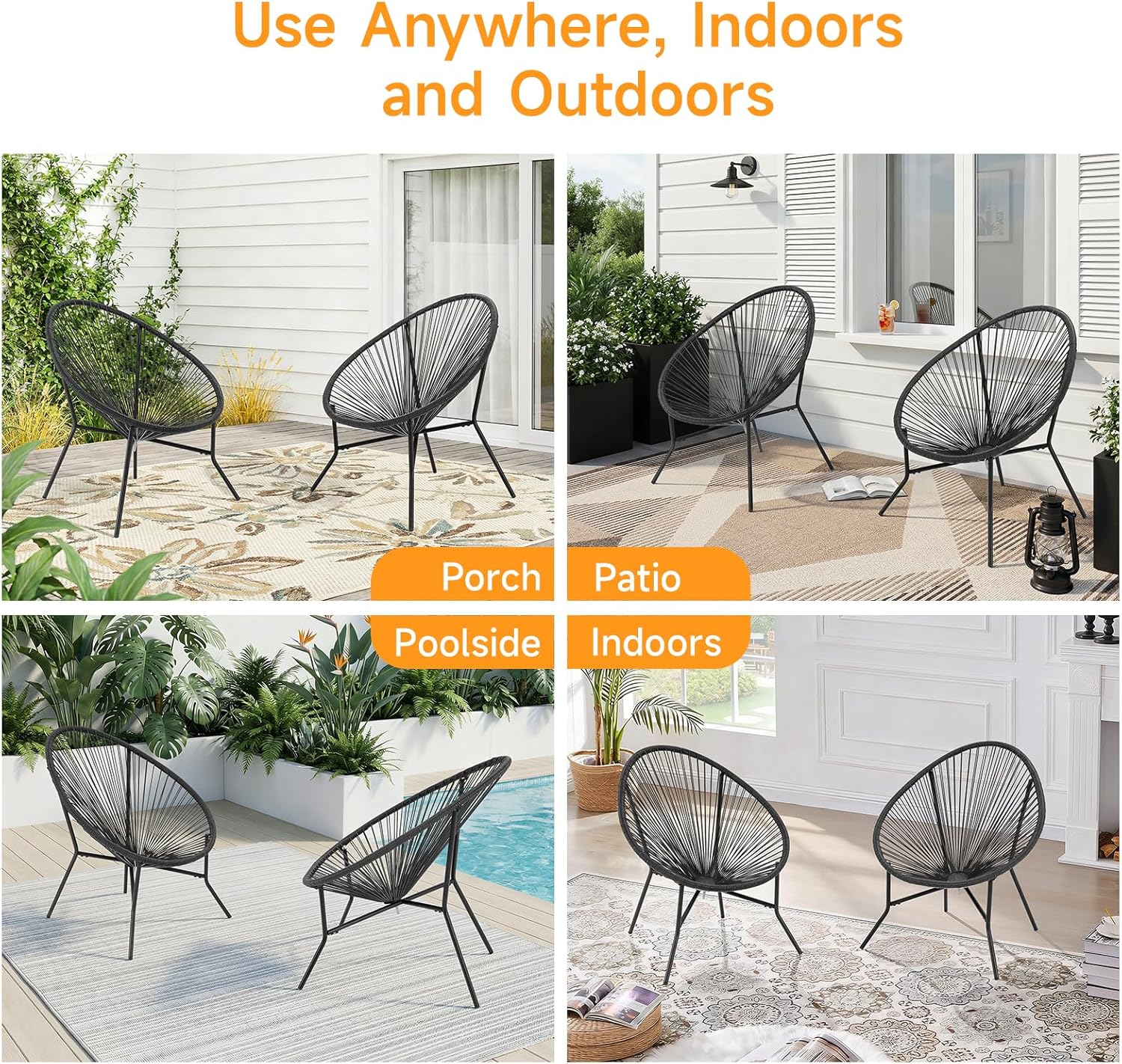 2 Piece Outdoor Acapulco Chair Set, Outdoor Patio Furniture Set, All-Weather Patio Bistro Set, Outdoor Furniture with Woven PE Rattan, Modern Conversation Set for Patio, Lawn, Balcony, Garden, Black - Image 7