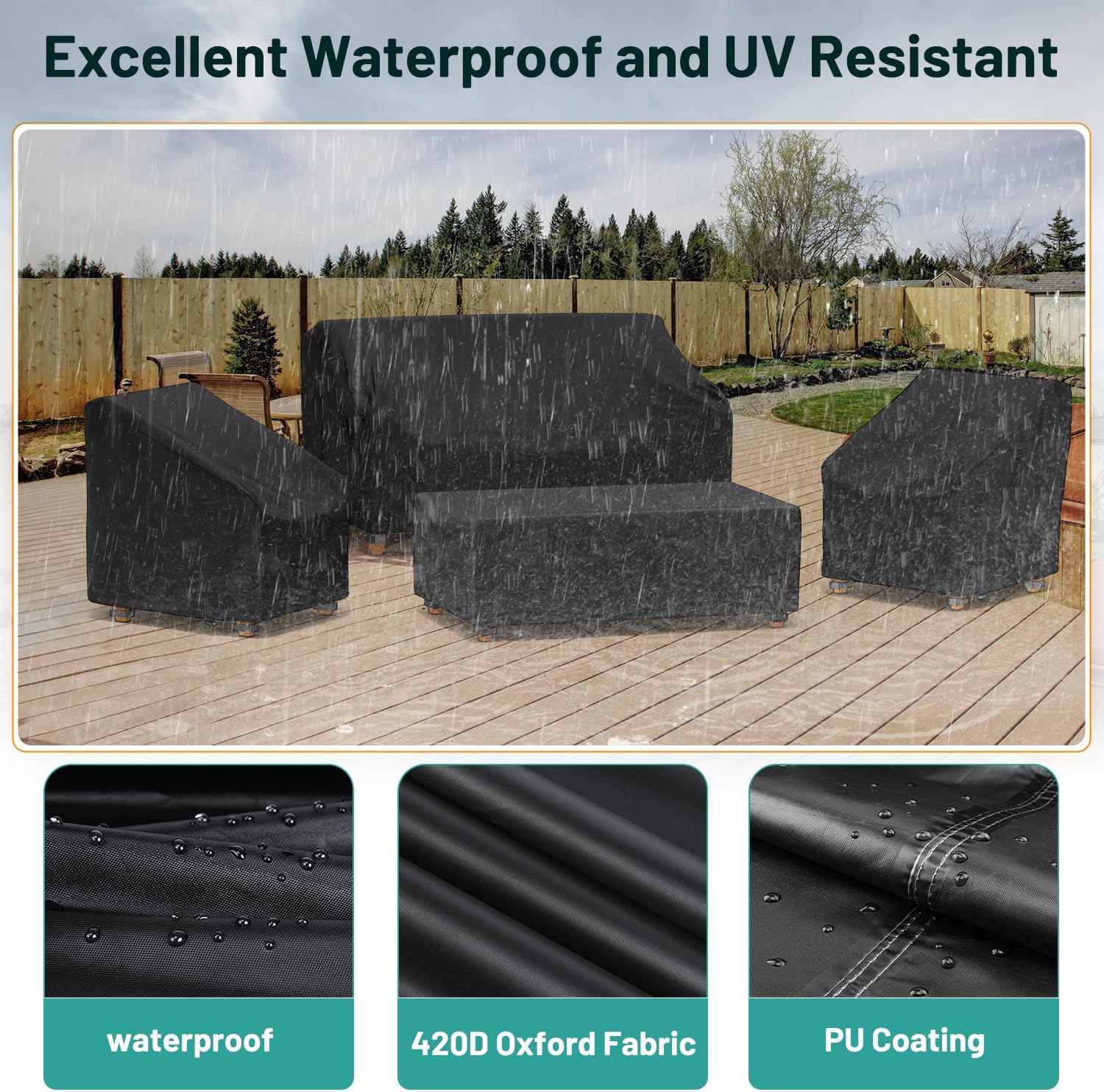 Mrrihand Patio Furniture Covers, 4 Piece Outdoor Furniture Cover Waterproof includ Ourdoor Sofa Cover, 2 Chair Covers, Coffee Table Cover with Windproof Buckle Strap and Adjustable Drawstring-Black - Image 4