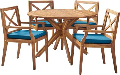 Christopher Knight Home Jordan Outdoor 5 Piece Acacia Wood Dining Set, Teak Finish/Blue