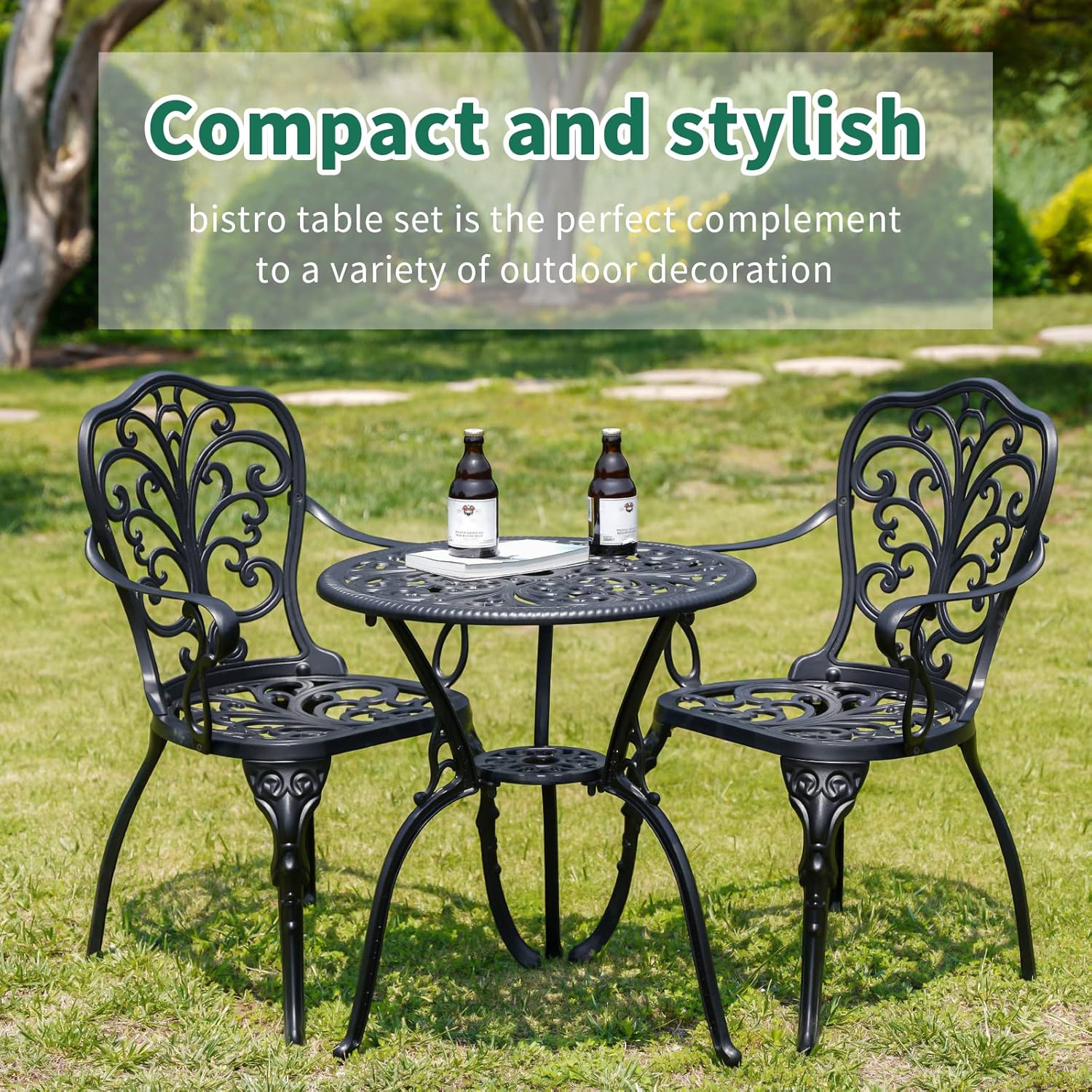 Withniture 3 Piece Patio Bistro Set Cast Aluminum Bistro Table and Chairs Set of 2 with Umbrella Hole,All Weather Metal Bistro Table Set,Outdoor Patio Furniture Set for Garden(Butterfly Black) - Image 7