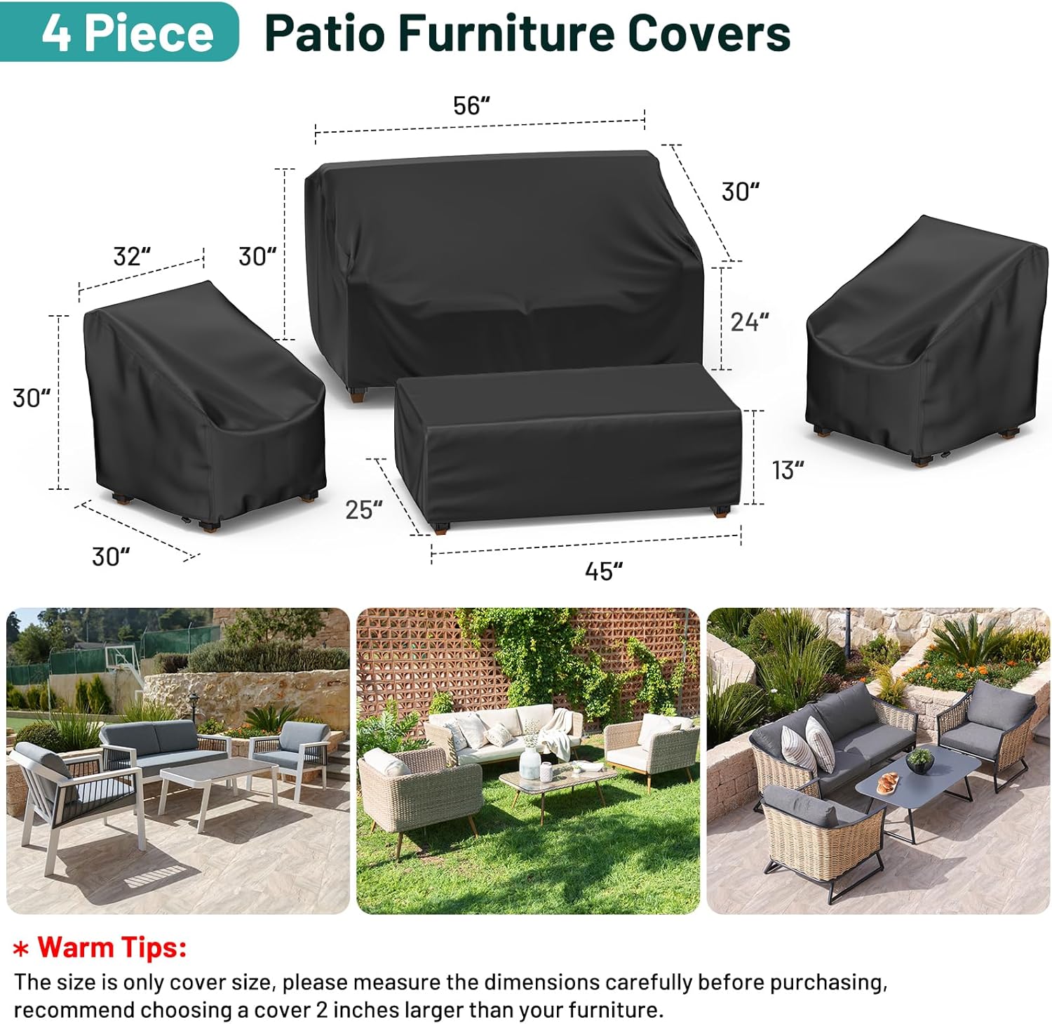Mrrihand Patio Furniture Covers, 4 Piece Outdoor Furniture Cover Waterproof includ Ourdoor Sofa Cover, 2 Chair Covers, Coffee Table Cover with Windproof Buckle Strap and Adjustable Drawstring-Black - Image 2