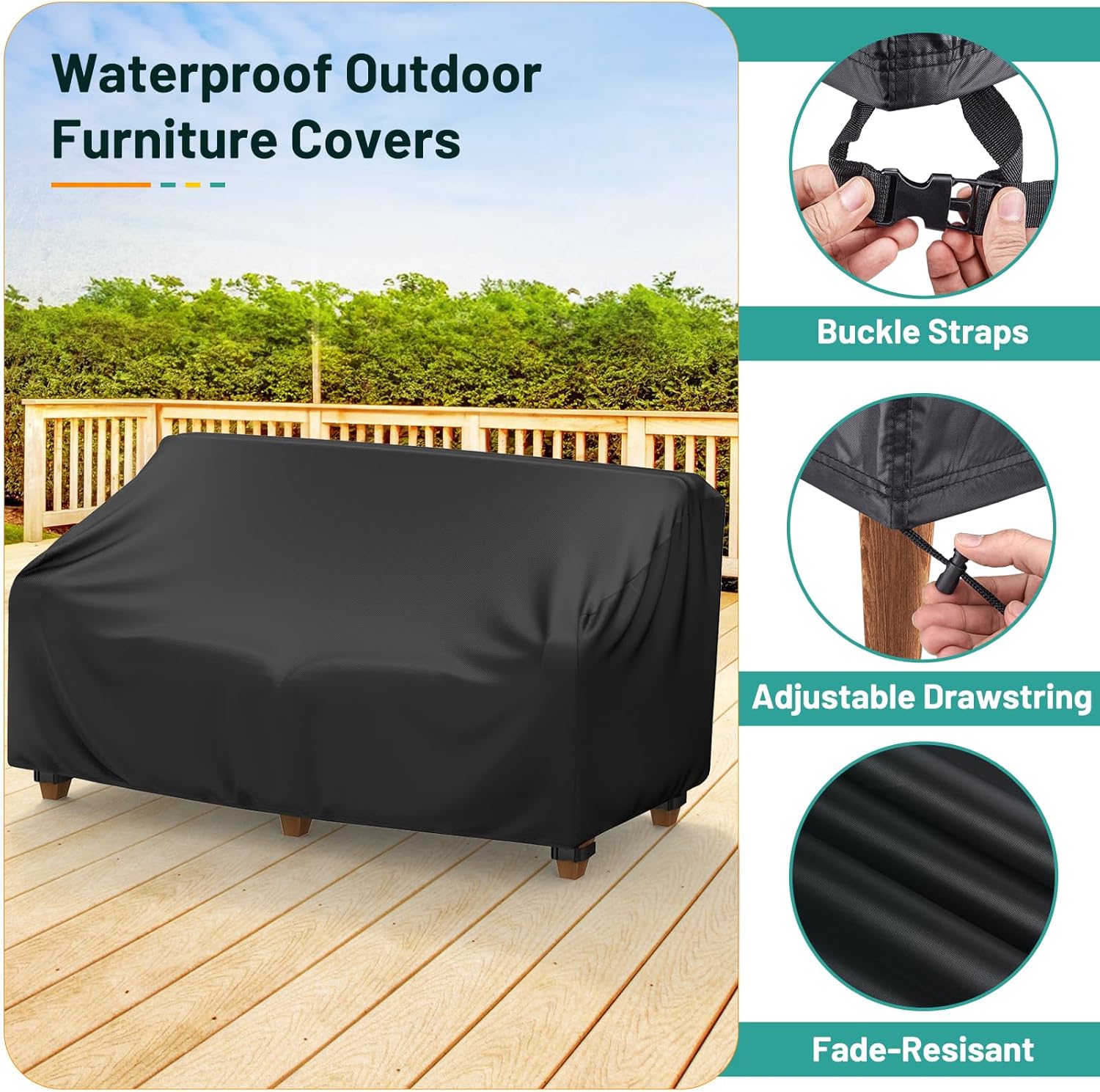 Mrrihand Patio Furniture Covers, 4 Piece Outdoor Furniture Cover Waterproof includ Ourdoor Sofa Cover, 2 Chair Covers, Coffee Table Cover with Windproof Buckle Strap and Adjustable Drawstring-Black - Image 5