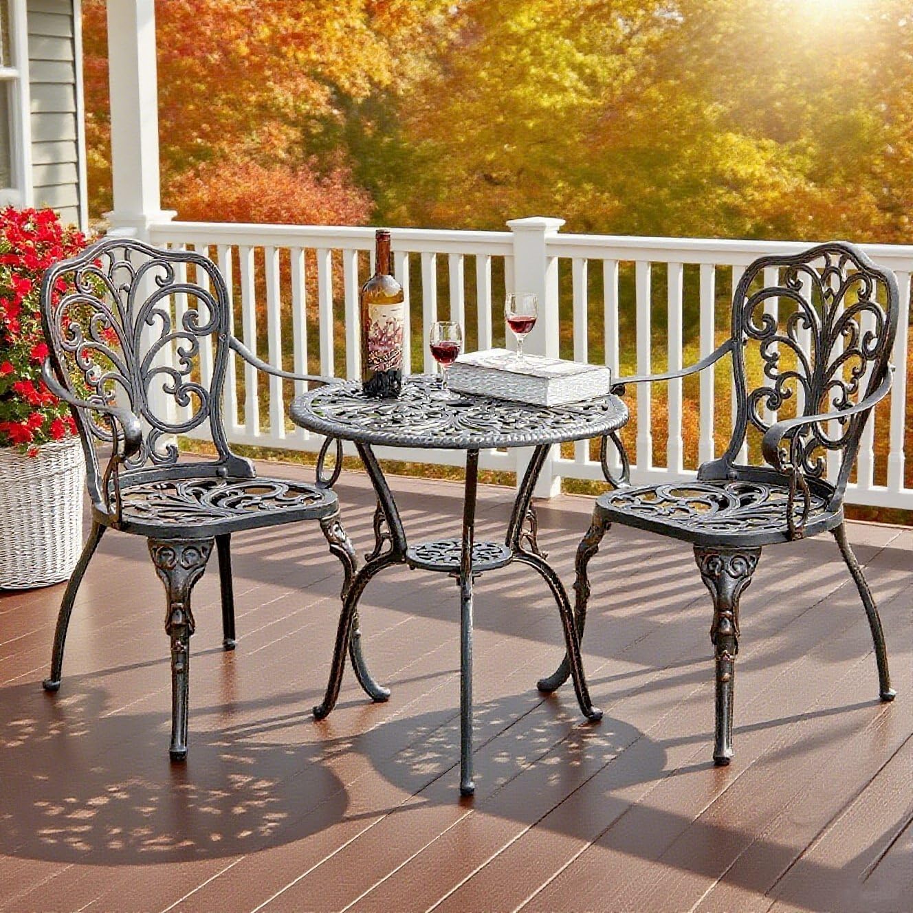 PATIO-IN Patio Bistro Set 3 Piece Cast Aluminum Bistro Set, Outdoor Bistro Table and Chairs Set of 2 with Umbrella Hole for Porch, Lawn, Garden, Backyard, Pool (Brown) - Image 8