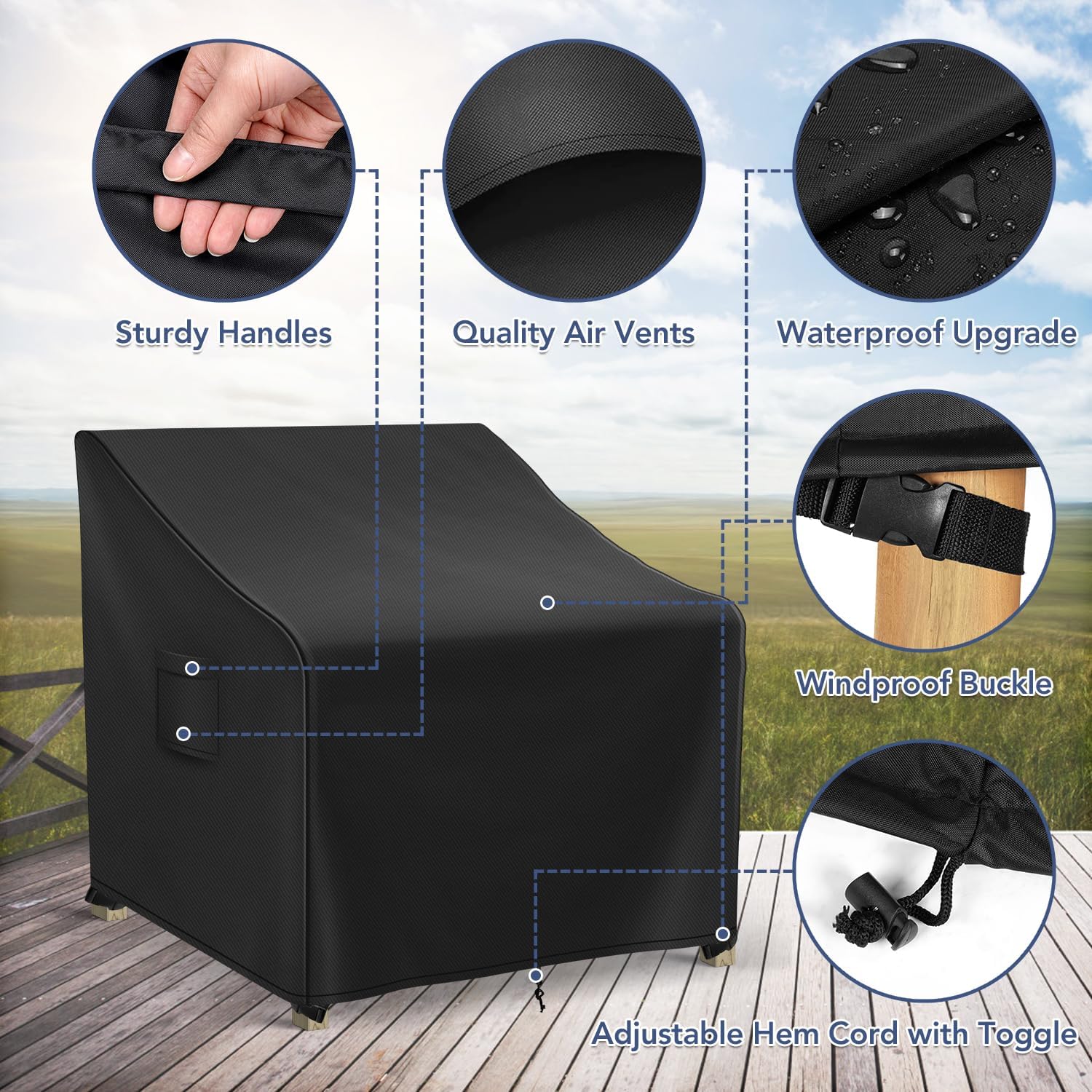 Richwon Adirondack Chair Covers Waterproof, Lawn Outdoor Chair Covers 2 Pack, Patio Chair Covers for Outdoor Furniture Fits up to 32W x 37D x 36H inches, Black - Image 4