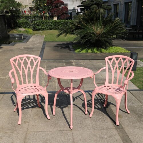 C/G Bistro Set 3 Piece Outdoor Cast Aluminum Patio Bistro Set with Umbrella Hole and Armrests,Outdoor Bistro Table Set,Patio Furniture Set Front Porch Set for Yard Garden Villa (Pink)