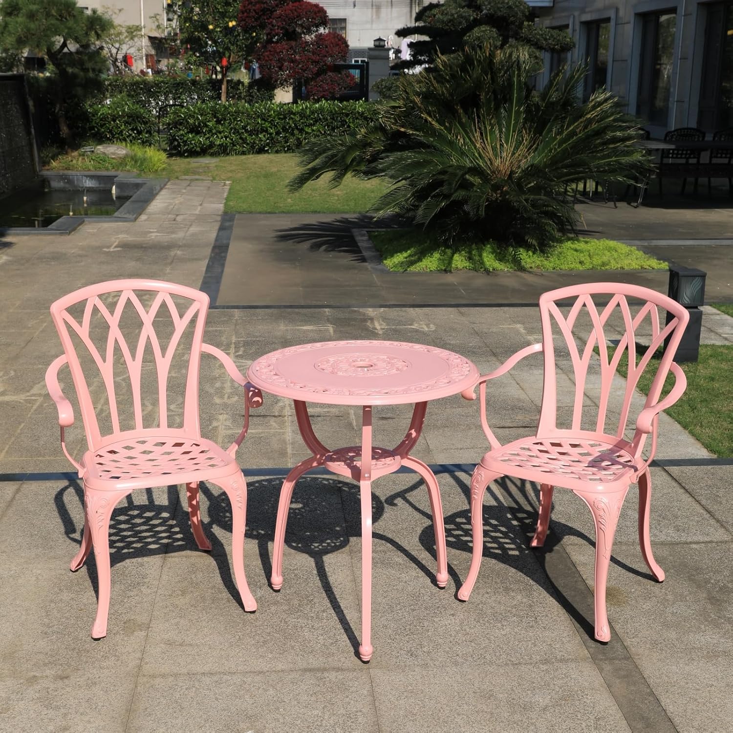C/G Bistro Set 3 Piece Outdoor Cast Aluminum Patio Bistro Set with Umbrella Hole and Armrests,Outdoor Bistro Table Set,Patio Furniture Set Front Porch Set for Yard Garden Villa (Pink)