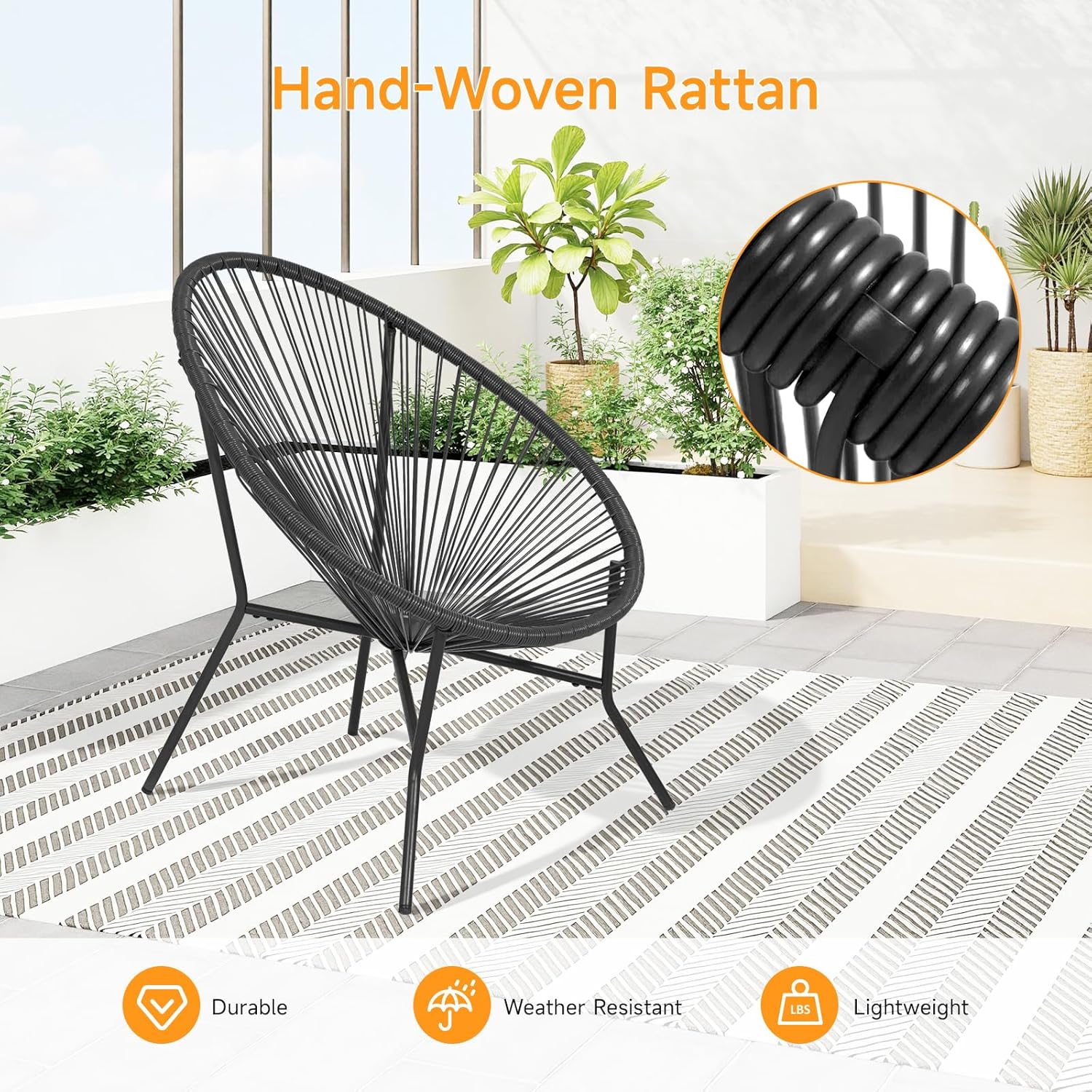 2 Piece Outdoor Acapulco Chair Set, Outdoor Patio Furniture Set, All-Weather Patio Bistro Set, Outdoor Furniture with Woven PE Rattan, Modern Conversation Set for Patio, Lawn, Balcony, Garden, Black - Image 6