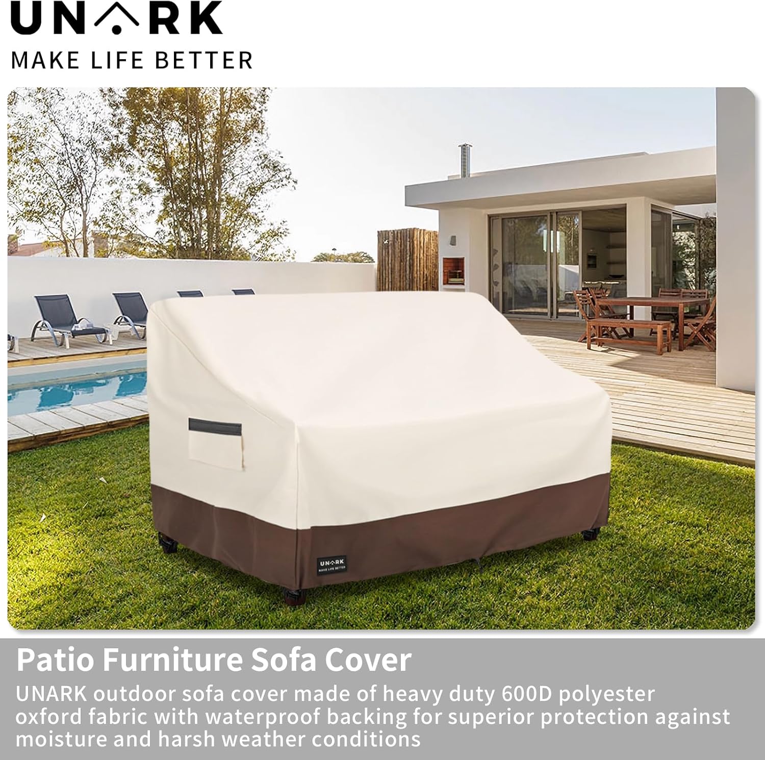 UNARK Outdoor 3-Seater Sofa Cover, Heavy Duty Patio Furniture Covers Waterproof, 76W x 33D x 32H Inches Patio Couch Cover Waterproof Couch Covers for Outdoor Furniture, Beige and Brown - Image 4
