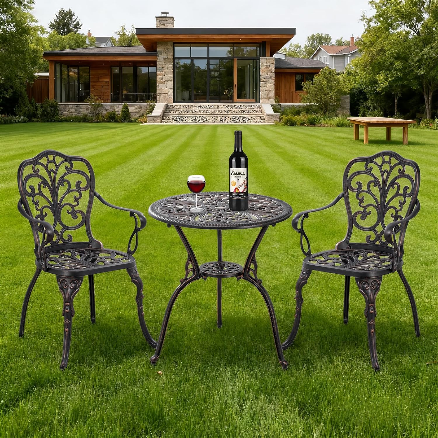 PATIO-IN Patio Bistro Set 3 Piece Cast Aluminum Bistro Set, Outdoor Bistro Table and Chairs Set of 2 with Umbrella Hole for Porch, Lawn, Garden, Backyard, Pool (Brown) - Image 7