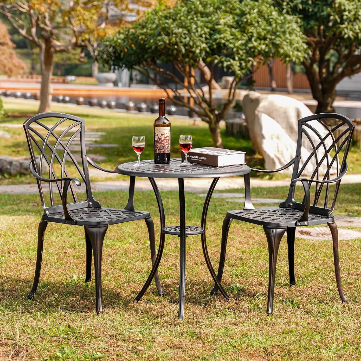 Withniture 3 Piece Patio Bistro Set Cast Aluminum Bistro Table and Chairs Set of 2 with Umbrella Hole,All Weather Metal Bistro Table Set,Outdoor Patio Furniture Set for Garden(Butterfly Black) - Image 17