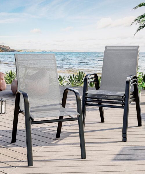 Outdoor Stackable Dining Chairs Set of 4, High-Back Patio Stacking Chairs, Patio Chairs with Textilene Farbic & Metal Frame for Lawn Backyard Deck Garden,Grey