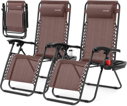 SereneLife Zero Gravity Outdoor Lounge Chairs 2 Pack u2013 Folding Recliners with Side Table, Cup Holder & Padded Headrest u2013 Adjustable Patio Chairs for Lawn, Garden, Deck, Camping (Brown)