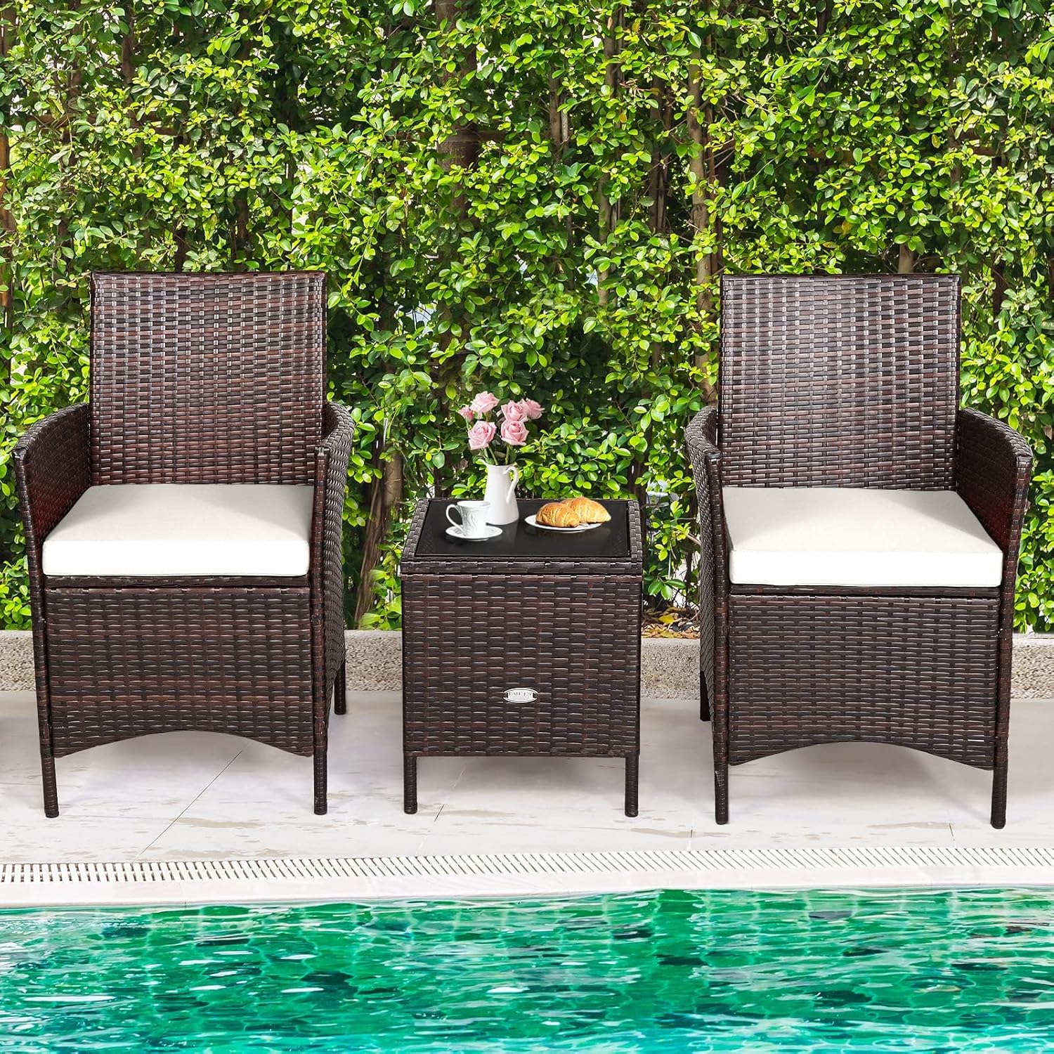 HAPPYGRILL 3 Pieces Rattan Patio Bistro Set, PE Wicker Furniture Set Outdoor Conversation Set with Coffee Table & Soft Cushions Porch Furniture Set for Garden Lawn Poolside Backyard - Image 4