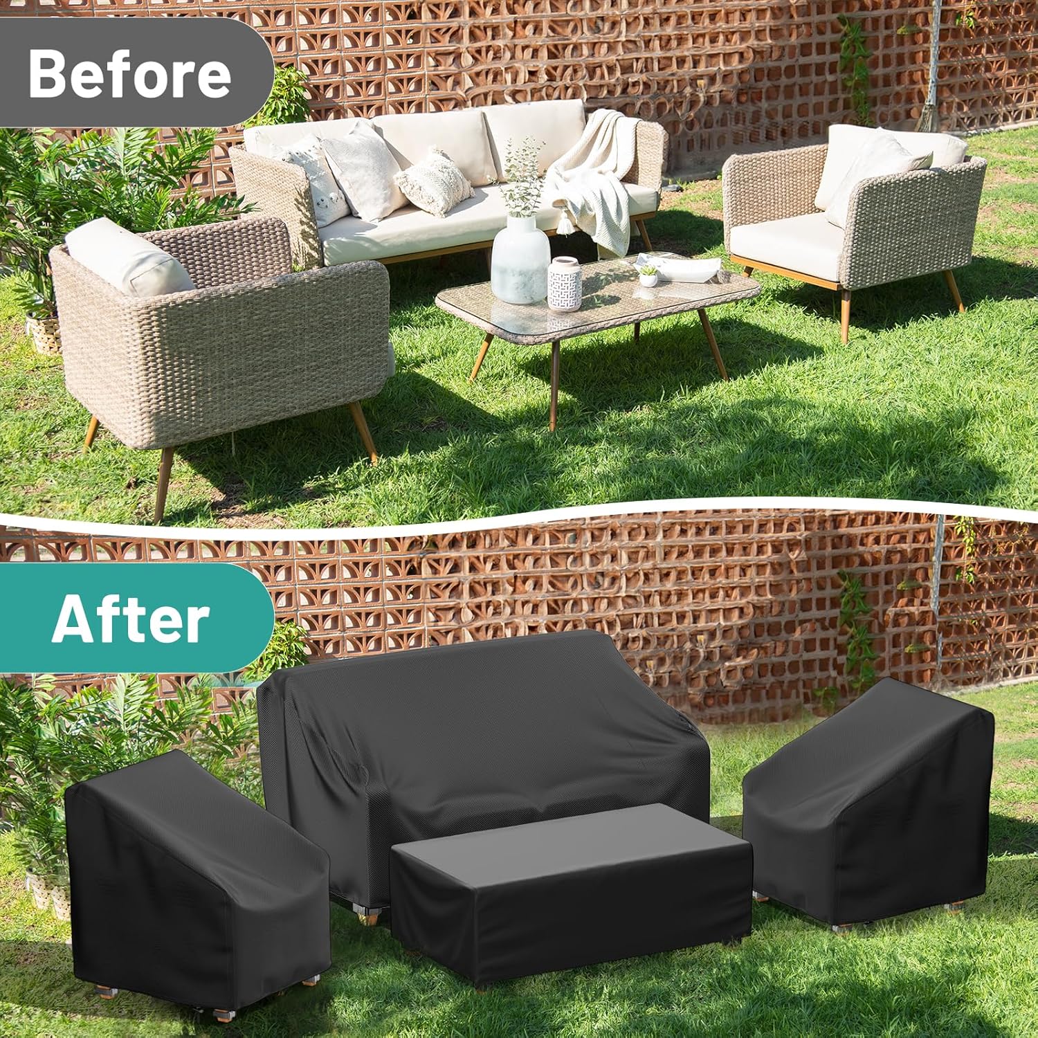 Mrrihand Patio Furniture Covers, 4 Piece Outdoor Furniture Cover Waterproof includ Ourdoor Sofa Cover, 2 Chair Covers, Coffee Table Cover with Windproof Buckle Strap and Adjustable Drawstring-Black - Image 3