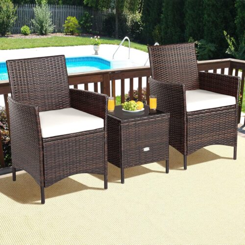 HAPPYGRILL 3 Pieces Rattan Patio Bistro Set, PE Wicker Furniture Set Outdoor Conversation Set with Coffee Table & Soft Cushions Porch Furniture Set for Garden Lawn Poolside Backyard
