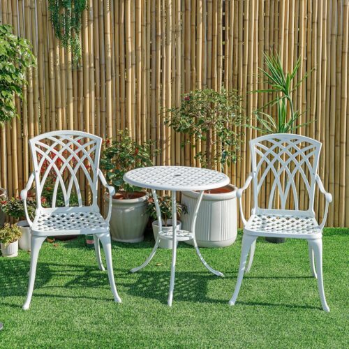 Withniture 3 Piece Outdoor Bistro Set, Cast Aluminum Patio Table and Chairs Set of 2 with 1.97" Umbrella Hole, All Weather Outdoor Dining Set for Garden,Porch,Balcony (White 1)