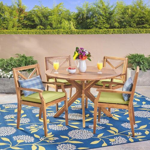 Christopher Knight Home Jordan Outdoor 5 Piece Acacia Wood Dining Set, Teak Finish/Green